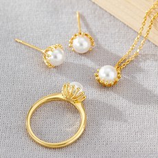 노이드비 여성용 심플 펄진주 목걸이 + 귀걸이 ONE SIZE + 반지 17호 세트