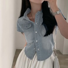 PEONIST 女款水洗口袋翻領牛仔短袖襯衫