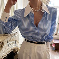 ViVEMO 女性撞色翻領直條紋口袋鈕扣襯衫 04204