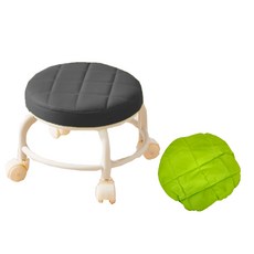 滑輪矮凳圓凳款 PU皮革坐墊 附贈綠色替換套, 黑色, 1組