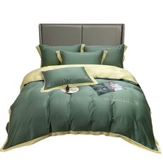 eyah 宜雅 獨家撞色拼接立體刺繡60支萊賽爾天絲床包被套四件組，雙人加大，帝王綠黃金, 1組