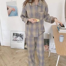 피어니스트 여성용 라운드카라 체크 잠옷 세트