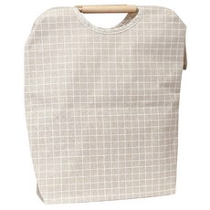 木把手洗衣籃 棉麻布料+內層防水PE, 奶茶方格