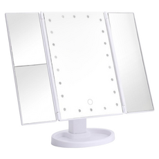 DODOWU 三折LED發光化妝鏡 含圓型 10x鏡, 亮度調節, 鏡面旋轉, USB充電, 素白色