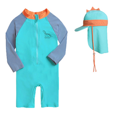 愛北鼻 寶寶連體泳衣送遮陽帽 長袖 可愛造型防曬泳裝, 6碼, 恐龍, 1入