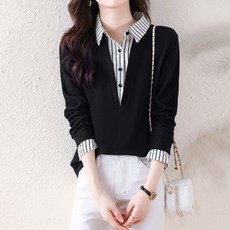 Elsso 女款休閒兩件式條紋翻領長袖襯衫