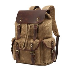 男款 過蠟防潑水帆布配頭層瘋馬牛皮大容量雙肩包/後背包/登山包 CLB13, 卡其色, 1個