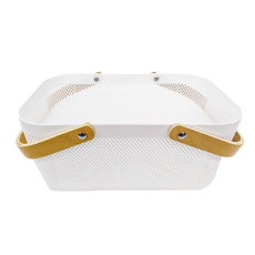 北歐簡約風木把手收納提籃 雙把手款/白色, 40 x 21 x 18cm, 1個