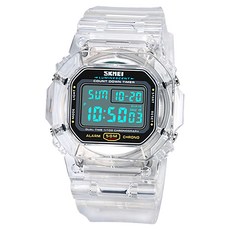 SKMEI 時刻美 時尚透明運動電子錶，禮盒組，50米防水, 水晶白