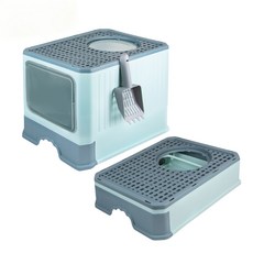 哈囉毛孩 下進上出 可折疊封閉式雙門貓砂盆 Set, 附貓砂鏟, 頂部淨味盒, 耐用PP材質, 藍綠色, 1個, 49.7 x 39.5 x 38cm