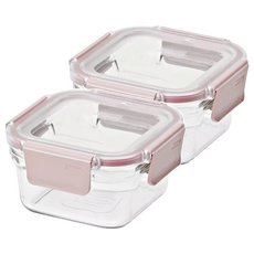 Glasslock 正方型強化玻璃烤箱用保鮮盒 櫻花粉 440ml, 2個, 2 個容器 + 2 個蓋子