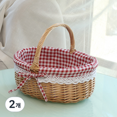 올하이 휴대용 원목 피크닉 바구니, 03 레드 깅엄, 2개