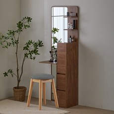 파로마 리오 전신거울 폴딩선반 수납 스탠딩 화장대 + 원목쿠션스툴 세트 방문설치, 헤이즐넛(화장대), 트위트블랙(스툴)