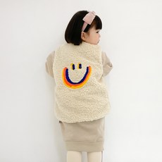 Moodttae兒童款換季彩虹微笑刺繡毛絨羊毛拉鍊背心