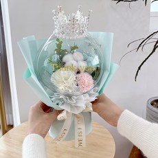 러블리팜 조화 티아라 파스텔 플라워 벌룬 꽃다발 + 쇼핑백 + LED조명 + 용돈봉투 + 감사장 세트, 1개, 블루