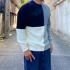 華夫格拼色寬鬆長袖針織衫