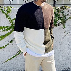 華夫格拼色寬鬆長袖針織衫