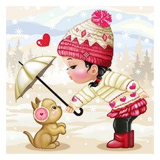 KMELLIE DIY 圓形寶石十字繡套組 30 x 30 cm, 3D 女孩與小狗, 1套