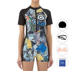 quaro 女用半拉鍊連身短褲泳裝 + 泳帽 + 泳鏡 + 罩杯 + 防水袋套組 ILB235S