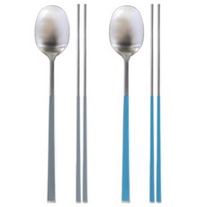 French Blanc陶瓷彩色高級2人餐具組, 湯匙 2入+筷子 2雙, 灰色+天藍色