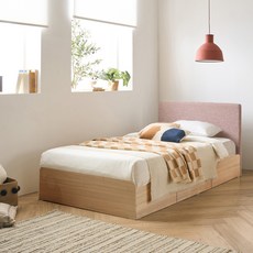 리바트 커먼베드 자녀가구 침대 페브릭형 헤드 공용침대 바닥판 서랍형 표준 L 방문설치, 레드(헤드) + 내추럴(바디) + 화이트(바닥재)