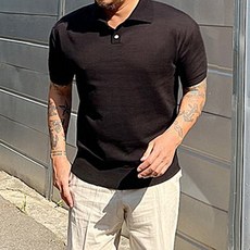 파이브라지 빅사이즈 린넨 머슬핏 2버튼 카라 반팔니트