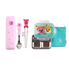 aizoum 碰碰狐印花附蓋不鏽鋼當盒組+造型學習筷+湯匙+收納盒組, 餐盤+筷子+湯匙+便當蓋, 混色