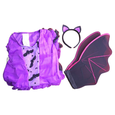 Stupid 女孩萬聖節紫色蝙蝠連身裙 + 頭帶 + 翅膀套裝, 1套, 黑色 + 紫色