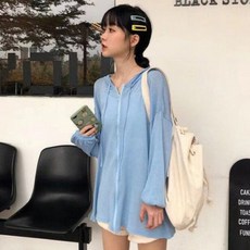 디멜디 여성용 와이드 바람막이 시스루 후드 점퍼