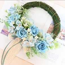 Garden in the City 粉彩繡球玫瑰花圈, 藍色