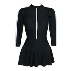 愛北鼻 成人女長袖連體裙裝泳衣 防曬舒適顯瘦, 1入, 黑色, L碼