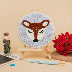 아트조이 DIY 펀치 니들 자수 + 4단 바늘 + 나무 받침대 세트, 1세트, 꽃사슴