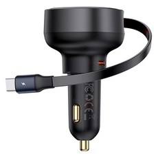Baseus 倍思 捲線式車用高速充電器 60W C埠 + C型捲線, Type-C+Type-C傳輸線(60W), 黑色