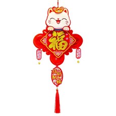 摩達客 春節開運招財 毛毛招財貓大福字結板流蘇鈴鐺吊飾掛飾 居家裝飾, 1入, 紅