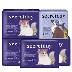 secretday Love蝶翼型衛生棉 夜用型(36cm) 10片入 4包+大(29cm) 14片入, 1組
