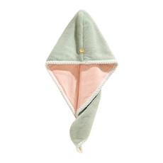 日式吸水纖維速乾頭巾 乾髮帽 浴帽 包髮巾 擦髮 柔軟珊瑚絨布料 雙層加厚 正反兩用 雙口可調節, 綠粉色, 1個