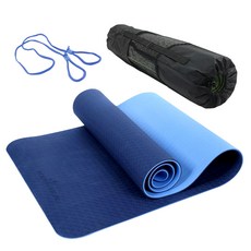GOMUNARA 雙色雙面瑜珈墊收納袋組 6mm+綁帶+收納袋組, 藍色