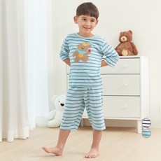 LollyTree 兒童用30支棉單層七分先染條紋小熊亮點家居服上下套裝