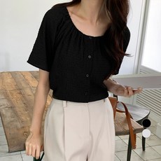 afinar 女款微短版抓皺鬆緊帶泡泡紗短袖上衣