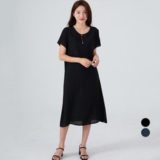 CARET 女款大尺碼人造絲寬鬆版短袖連身裙, 黑色