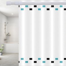 Sundeco面料防水浴簾方形圖案+窗簾環12p+淋浴桿No.6, 方形圖案款, 1組