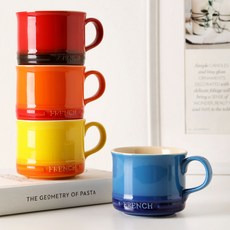 法式復古湯品與甜點馬克杯 350ml 4入組, 1套, 紅色 + 藍色 + 橘色 + 黃色