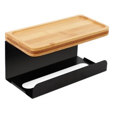 壁掛衛生紙架, 鐵藝噴塑+楠竹置物架, 素雅黑, 1個