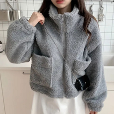 PEONIST 女款羊羔毛高領口袋拉鍊外套