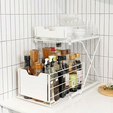 V&B LIVING 水槽整理收納高度可調2層滑動層架, 白色