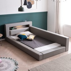 삼익가구 렉스 LED 밸런스 가죽 침대 프레임 + 7존 독립스프링 매트리스 세트 방문설치, 그레이(프레임), 아이보리(매트리스)