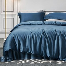 床寢時光 高質感素色石墨烯天絲床包, 1件, 質感藍, 被套床包枕套組, 雙人