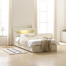 보니애가구 문스테이 LED조명 수납 침대 + 독립스프링 텐셀원단 매트리스 세트 방문설치, 화이트(프레임), 아이보리(매트리스)