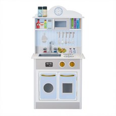 TEAMSON 小廚師馬德里木製廚房玩具,調味罐X2, 仿真水龍頭, 仿真瓦斯爐, 藍色 + 白色, 26.04 x 45.72 x 88.26cm, 1個