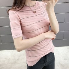 메이첼 라운드넥 슬림핏 스트라이프 반팔 니트 티셔츠 01988